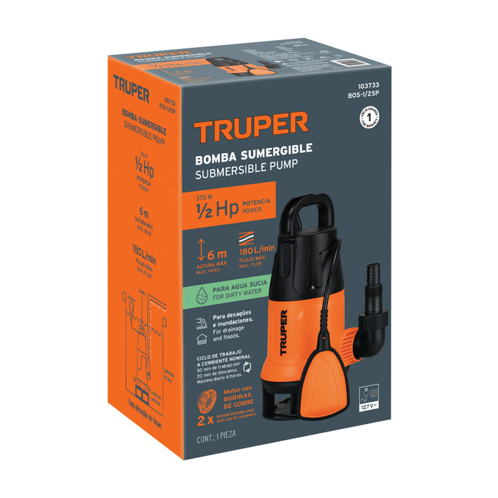 Bomba sumergible plástica para agua sucia 1/2HP, Truper - Mundo Tool 