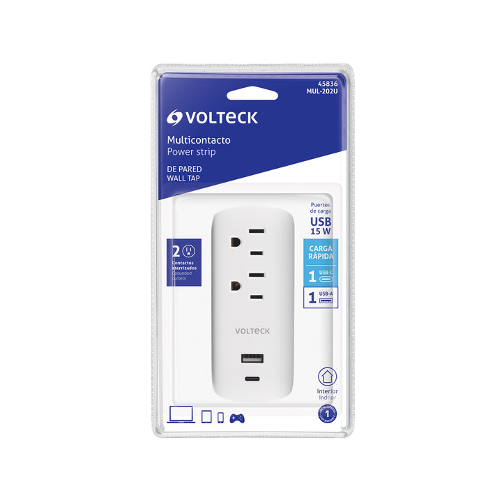 Multicontacto de pared, 2 contactos y 2 USB A+C, VOLTECK - Mundo Tool 