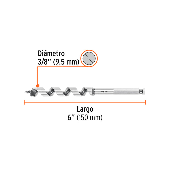Broca auger tipo berbiquí 1/2' X 6', TRUPER - Mundo Tool 