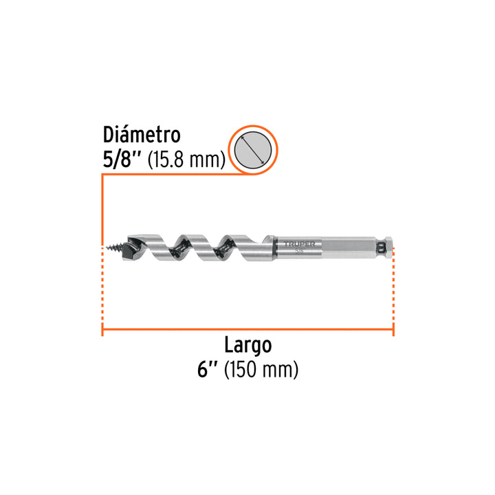 Broca auger tipo berbiquí 5/8' X 6', TRUPER - Mundo Tool 