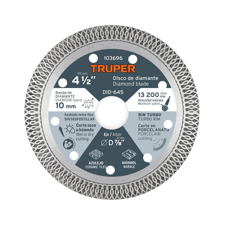 Disco de diamante 4 1/2' corte porcelanato, Truper - Mundo Tool 