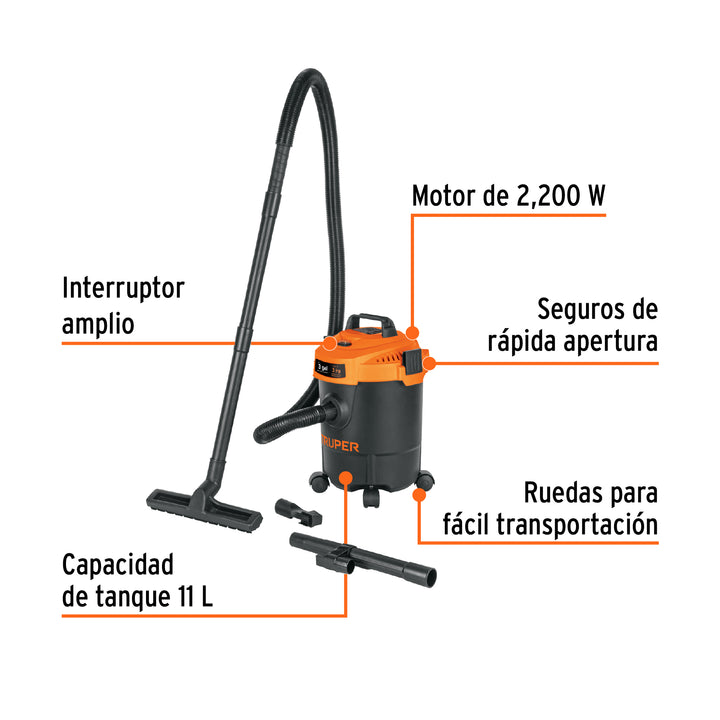 Aspiradora de sólidos y líquidos, 3 gal, plástica, negra - Mundo Tool 