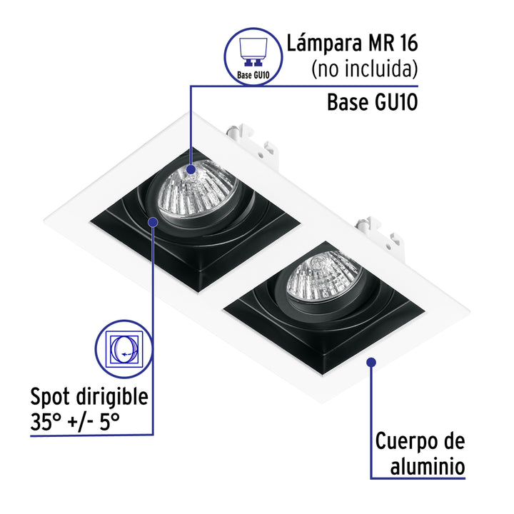 Luminario empotrable con 2 spots dirigibles, blanco, VOLTECK - Mundo Tool 