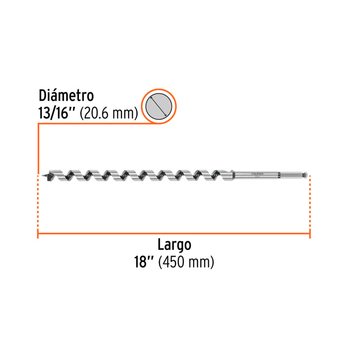 Broca auger tipo berbiquí 13/16' X 18', TRUPER - Mundo Tool 