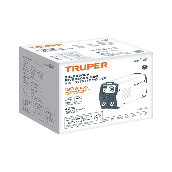 Mini soldadora inversora, 130A, bi-voltaje 127/220V, TRUPER - Mundo Tool 