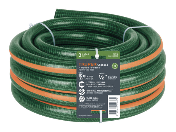 Manguera de jardín 1', 3 capas, 10m, sin conexiones, TRUPER - Mundo Tool 