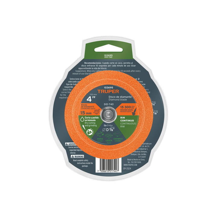 Disco de diamante 4', corte de vidrio, Truper - Mundo Tool 