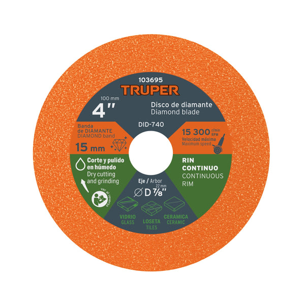 Disco de diamante 4', corte de vidrio, Truper - Mundo Tool 