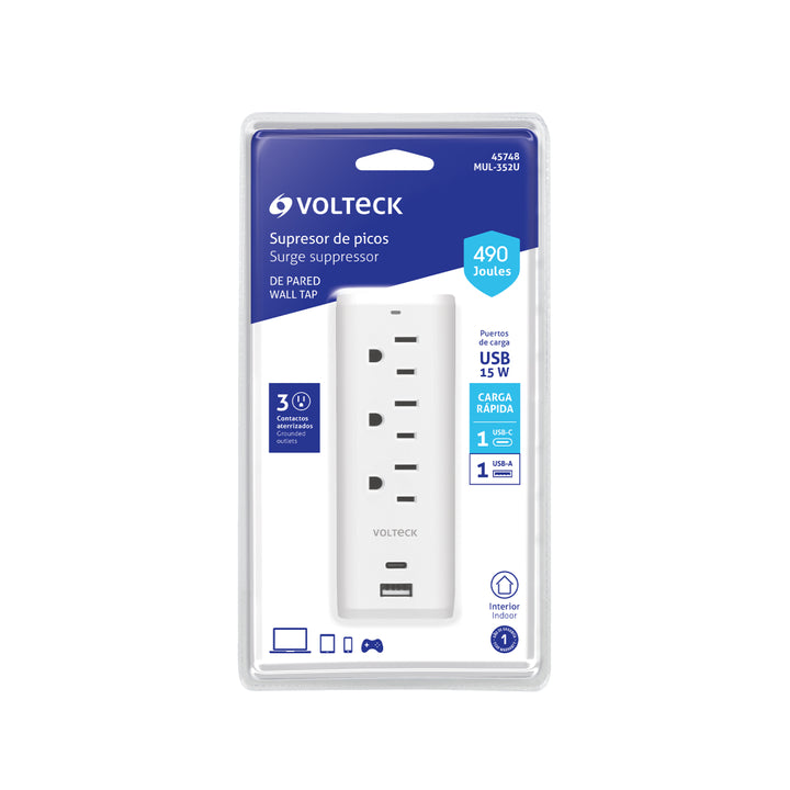 Multicontacto de pared, 490 Joules, 3 contactos y 2 USB A+C - Mundo Tool 