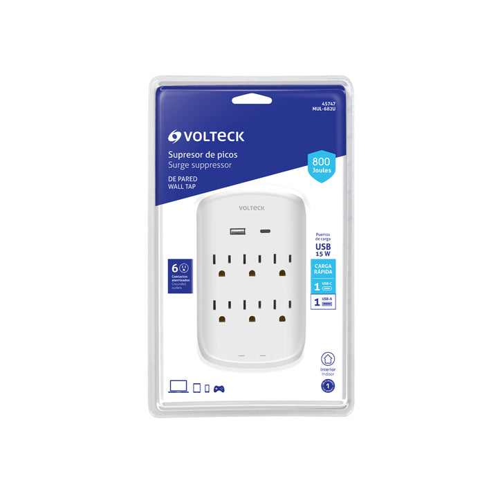Multicontacto de pared, 800 Joules, 6 contactos y 2 USB A+C - Mundo Tool 