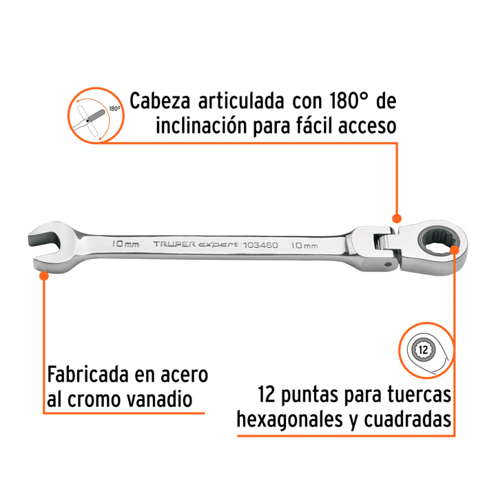 Llave combinada con matraca 10 mm flexible, Expert - Mundo Tool 