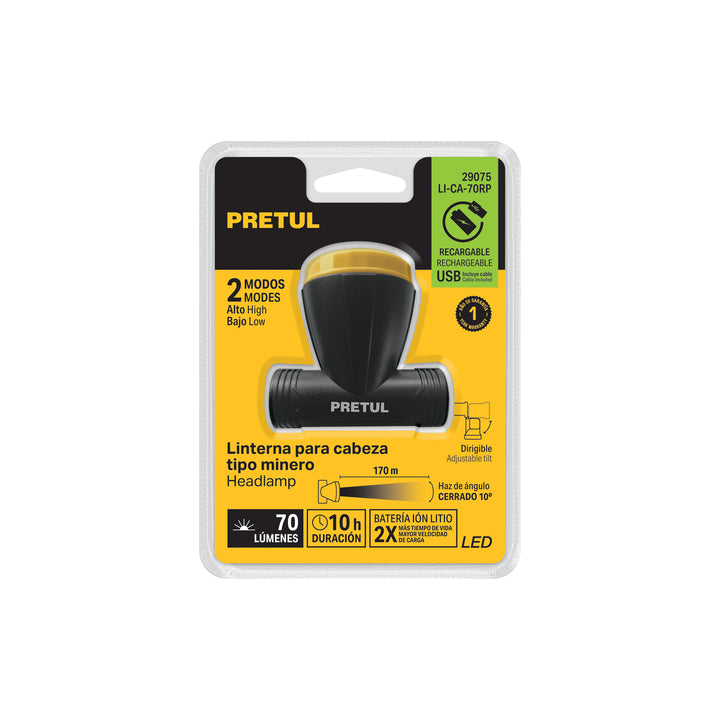 Linterna de minero LED, 70 lm, recargable, PRETUL - Mundo Tool 