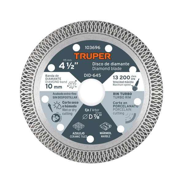Disco de diamante 4 1/2' corte porcelanato, Truper - Mundo Tool 