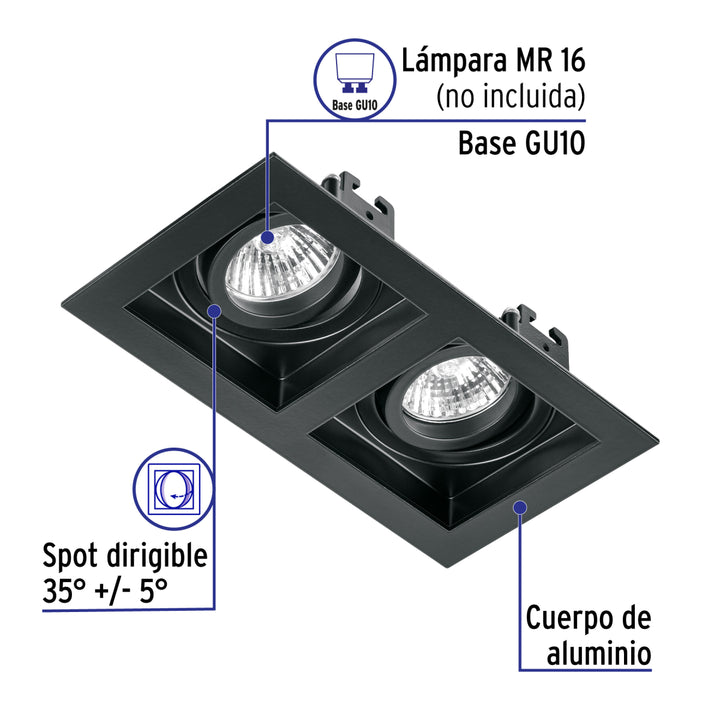 Luminario empotrable con 2 spots dirigibles, negro, VOLTECK - Mundo Tool 
