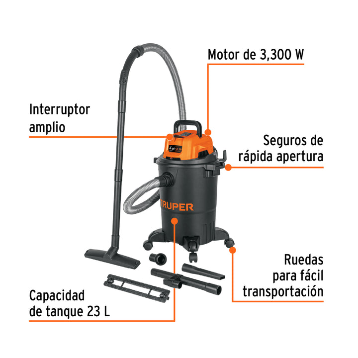 Aspiradora de sólidos y líquidos, 4 gal, plástica, negra - Mundo Tool 