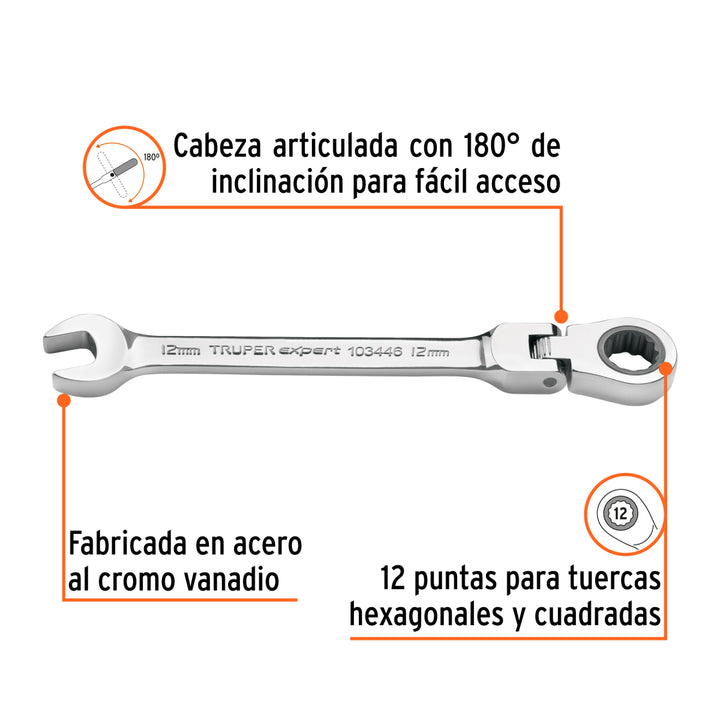 Llave combinada con matraca 12 mm flexible, Expert - Mundo Tool 